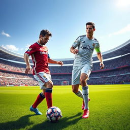 An imaginative scene depicting Lionel Messi and Cristiano Ronaldo playing together in a Real Madrid football kit