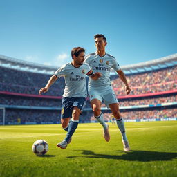 An imaginative scene depicting Lionel Messi and Cristiano Ronaldo playing together in a Real Madrid football kit