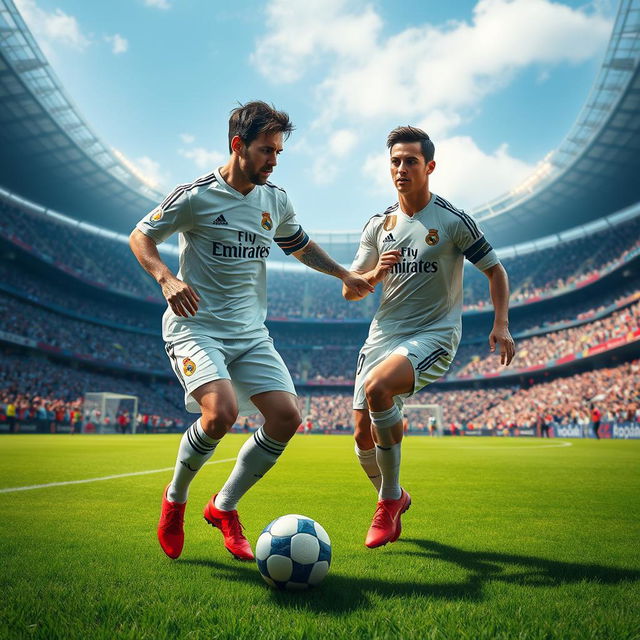 An imaginative scene depicting Lionel Messi and Cristiano Ronaldo playing together in a Real Madrid football kit