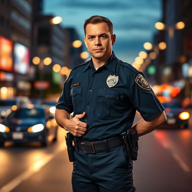 A dynamic and heroic depiction of a police officer in full uniform, standing confidently with a determined expression