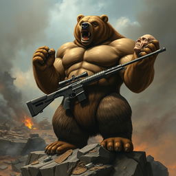 A powerful and imposing bear with an incredibly muscular build, showcasing massive biceps and a fierce expression