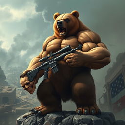 A powerful and imposing bear with an incredibly muscular build, showcasing massive biceps and a fierce expression