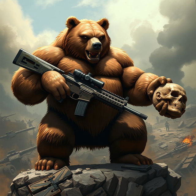 A powerful and imposing bear with an incredibly muscular build, showcasing massive biceps and a fierce expression