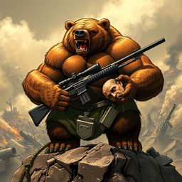 A powerful and imposing bear with an incredibly muscular build, showcasing massive biceps and a fierce expression