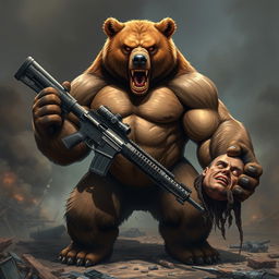 A powerful, muscular bear with an intense, angry expression stands in a war-torn environment