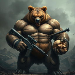 A powerful, muscular bear with an intense, angry expression stands in a war-torn environment