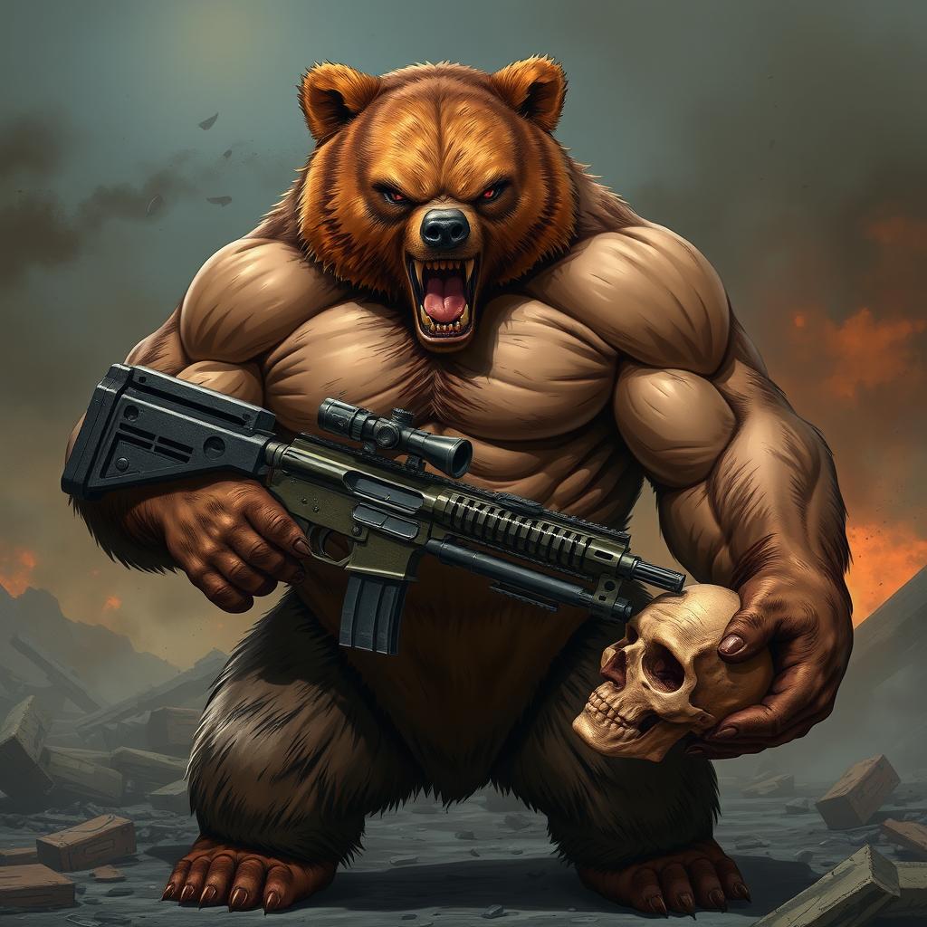 A powerful, muscular bear with an intense, angry expression stands in a war-torn environment