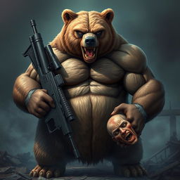 A powerful, muscular bear with an intense, angry expression stands in a war-torn environment