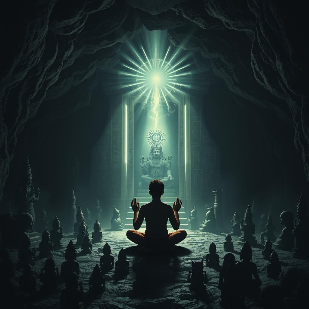 A dark and mystical cave setting filled with shadows of various Hindu religious statues and symbols, evoking a sense of reverence and mystery