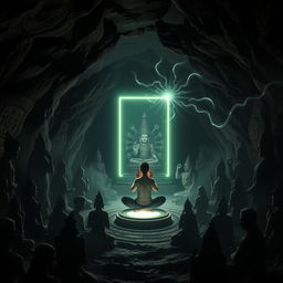 A dark and mystical cave setting filled with shadows of various Hindu religious statues and symbols, evoking a sense of reverence and mystery