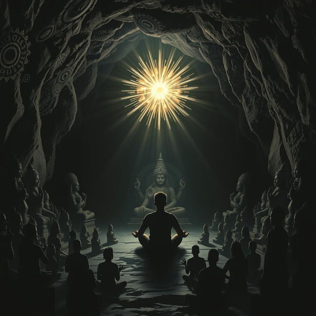 A dark and mystical cave setting filled with shadows of various Hindu religious statues and symbols, evoking a sense of reverence and mystery