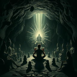 A dark and mystical cave setting filled with shadows of various Hindu religious statues and symbols, evoking a sense of reverence and mystery
