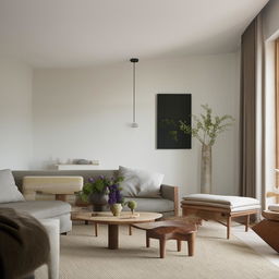 A cosy, minimalistic living room featuring few but essential pieces of furniture with calm subtle tones.