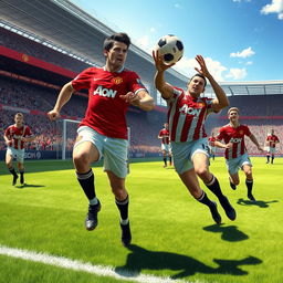 A beautifully detailed concept image of the Manchester United football team in a dynamic action scene during a match