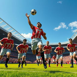 A beautifully detailed concept image of the Manchester United football team in a dynamic action scene during a match