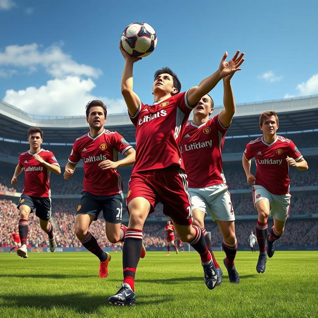 A beautifully detailed concept image of the Manchester United football team in a dynamic action scene during a match