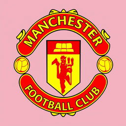 A detailed and vibrant illustration of the Manchester United club logo, showcasing the iconic red devil at the center, surrounded by a circular shield with the words 'Manchester United' at the top and 'Football Club' at the bottom