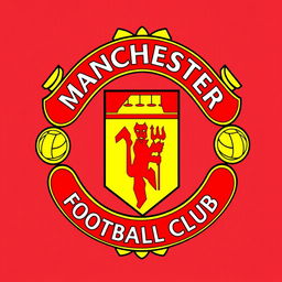 A detailed and vibrant illustration of the Manchester United club logo, showcasing the iconic red devil at the center, surrounded by a circular shield with the words 'Manchester United' at the top and 'Football Club' at the bottom