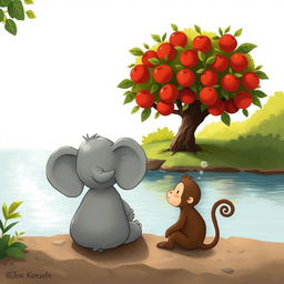 By the riverside, a small gray elephant and a cute brown monkey are quietly pondering together, each lost in their own thoughts