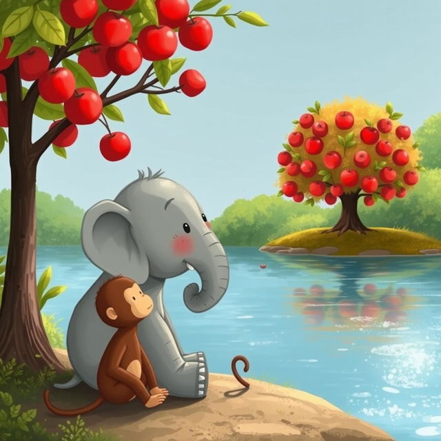 By the riverside, a small gray elephant and a cute brown monkey are quietly pondering together, each lost in their own thoughts