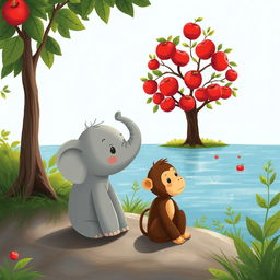 By the riverside, a small gray elephant and a cute brown monkey are quietly pondering together, each lost in their own thoughts