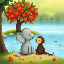 By the riverside, a small gray elephant and a cute brown monkey are quietly pondering together, each lost in their own thoughts