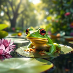A vibrant green frog perched on a lily pad in a serene pond, surrounded by lush green leaves and colorful flowers