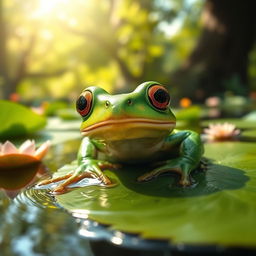 A vibrant green frog perched on a lily pad in a serene pond, surrounded by lush green leaves and colorful flowers