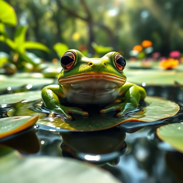 A vibrant green frog perched on a lily pad in a serene pond, surrounded by lush green leaves and colorful flowers