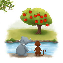 By the riverside, a small gray elephant and a cute brown monkey are peacefully lost in thought, gazing across the shimmering water