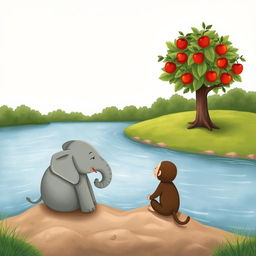 By the riverside, a small gray elephant and a cute brown monkey are peacefully lost in thought, gazing across the shimmering water