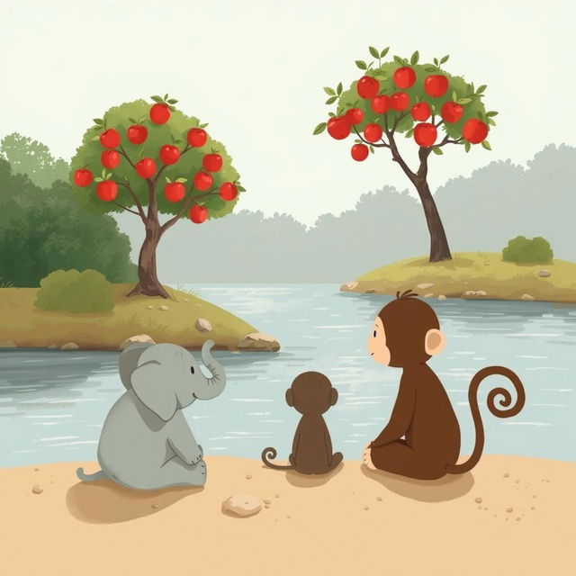 By the riverside, a small gray elephant and a cute brown monkey are peacefully lost in thought, gazing across the shimmering water