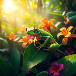 A vibrant green tree frog perched on a lush leaf, surrounded by colorful tropical flowers and a serene rainforest backdrop