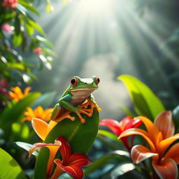 A vibrant green tree frog perched on a lush leaf, surrounded by colorful tropical flowers and a serene rainforest backdrop