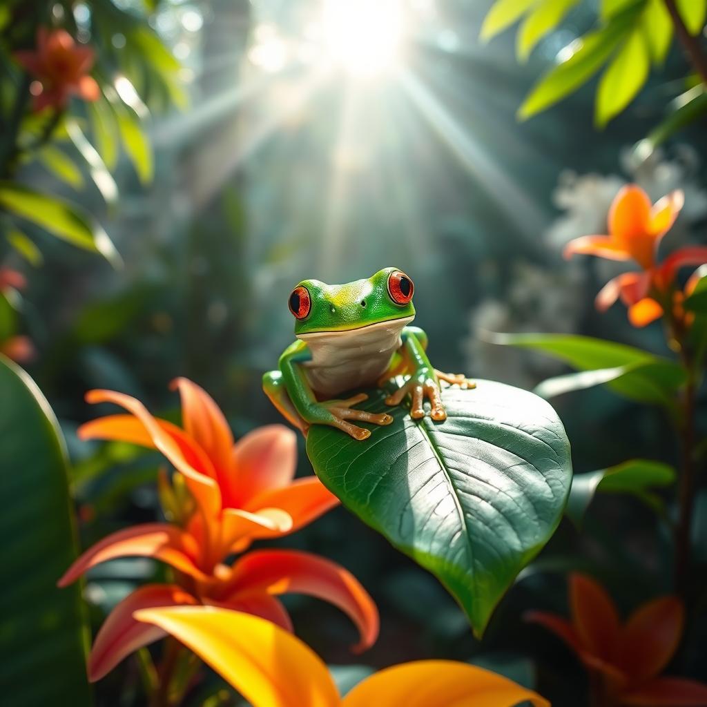 A vibrant green tree frog perched on a lush leaf, surrounded by colorful tropical flowers and a serene rainforest backdrop