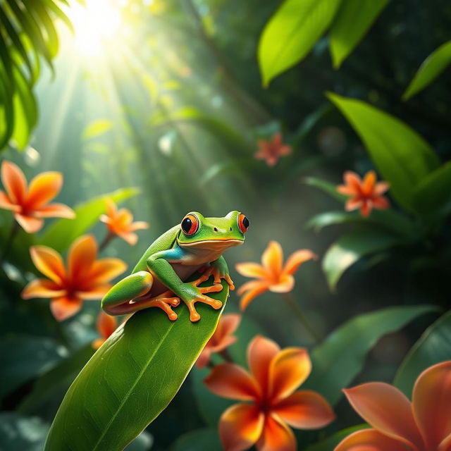 A vibrant green tree frog perched on a lush leaf, surrounded by colorful tropical flowers and a serene rainforest backdrop