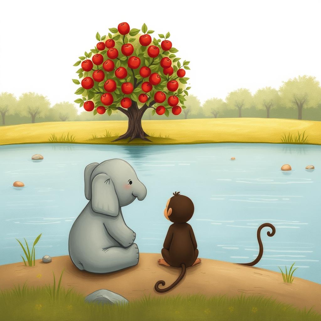 At the riverbank, a small gray elephant and a playful brown monkey are sitting together, lost in thought