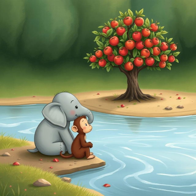 At the riverbank, a small gray elephant and a playful brown monkey are sitting together, lost in thought