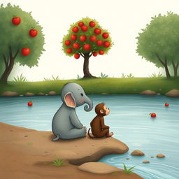 At the riverbank, a small gray elephant and a playful brown monkey are sitting together, lost in thought