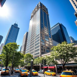 A stunning view of a New York City skyscraper, showcasing its modern architectural design with reflective glass windows under a bright blue sky