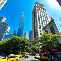 A stunning view of a New York City skyscraper, showcasing its modern architectural design with reflective glass windows under a bright blue sky