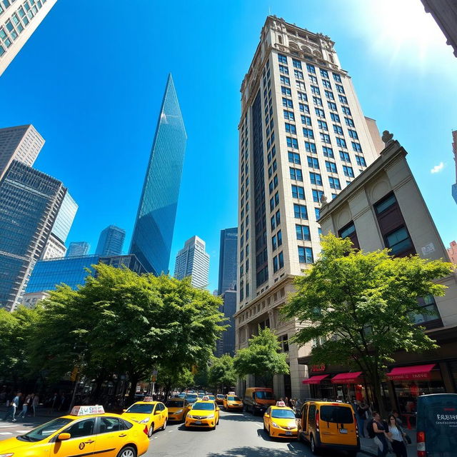 A stunning view of a New York City skyscraper, showcasing its modern architectural design with reflective glass windows under a bright blue sky