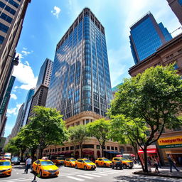 A stunning view of a New York City skyscraper, showcasing its modern architectural design with reflective glass windows under a bright blue sky