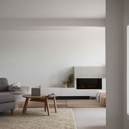 A cosy, minimalistic living room featuring few but essential pieces of furniture with calm subtle tones.