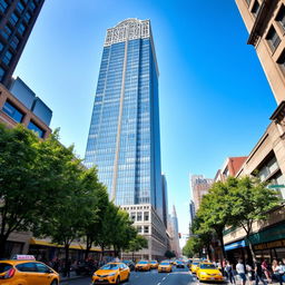 A stunning view of a New York City skyscraper, showcasing its modern architectural design with reflective glass windows under a bright blue sky