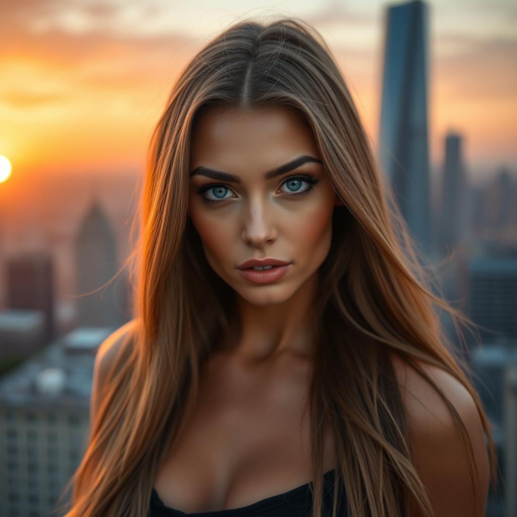 A close-up portrait of a beautiful woman with striking features, long flowing hair, and captivating blue eyes