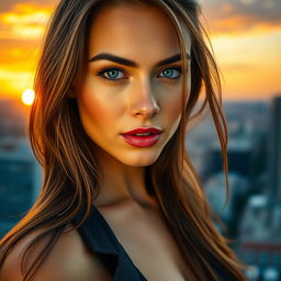 A close-up portrait of a beautiful woman with striking features, long flowing hair, and captivating blue eyes