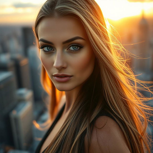 A close-up portrait of a beautiful woman with striking features, long flowing hair, and captivating blue eyes