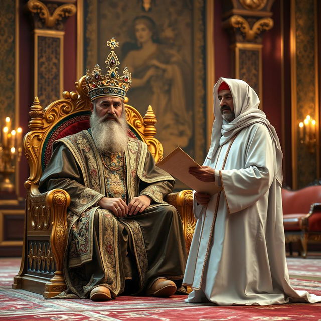 A majestic Persian Shah sitting on an ornate throne, adorned with intricate gold and jewel details, wearing a luxurious traditional robe and a crown that sparkles with gemstones