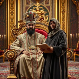 A majestic Persian Shah sitting on an ornate throne, adorned with intricate gold and jewel details, wearing a luxurious traditional robe and a crown that sparkles with gemstones